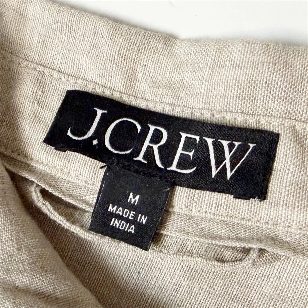 J. Crew 100% Linen Capitaine Shirt Dress M Short Sleeve Button Down Beige Tan
